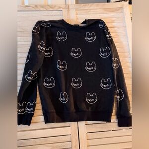 Black Sweatshirt with White Cool Cat  Print one of a kind anime style